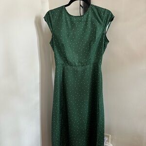 Elegant Green Polka Dot Dress leg slit, open back NWT